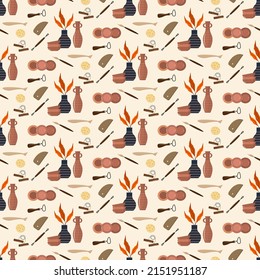 Pattern with pottery tools. Clay products - vases, jugs, plates and salad bowls. Vector illustration. For use in packaging, covers and flyers, prints, craft stores, postcards and invitations.