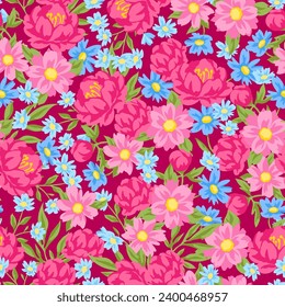 Pattern with pretty flowers. Beautiful decorative natural plants and leaves.