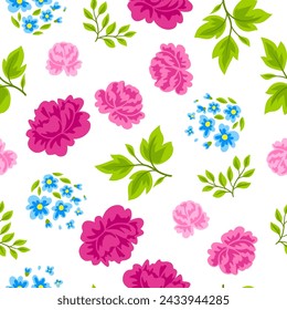 Pattern with pretty flowers. Beautiful decorative natural plants and leaves.