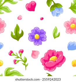 Pattern with pretty flowers. Beautiful decorative natural plants and leaves.