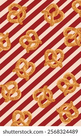 a pattern with pretzels on a red and white striped background