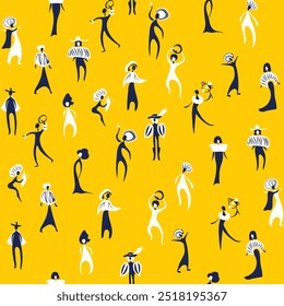 Pattern with primitive figures of people from different historical eras on a yellow background