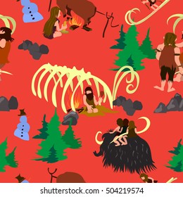 pattern with primitive people, skiing and mammoths, the descent from the mountain on a red background