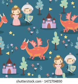 pattern with prince , princess and dragon cartoon 