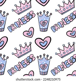 Pattern princess with crowns.  Color print. Icons vector illustrations. Set of text in different colors and types. Valentine's day love romantic 
