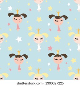 Pattern of princesses and stars. On a blue background. Seamless.