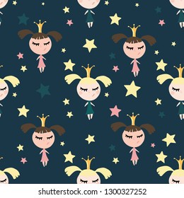 Pattern of princesses and stars. Seamless.