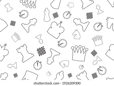 
Pattern or print with chess, queen, king, rook, bishop, knight, pawn, stopwatch and board motifs with black outline and no filling