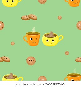 pattern, print, cups, coffee, tea, cookies, cafe, illustration, drawing, seamless, element, catering, food, decor, background, walls, funny, smileys, green, yellow, orange, dishes, cold, hot drinks, c