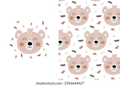 Pattern and print with a cute bear. Festive background with teddy bears and confetti in flat style. Cute baby print.