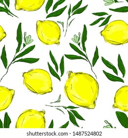 Pattern Print with hand-drawn lemons and leaves on a white background. Vector illustration. seamless