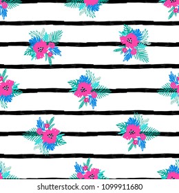 Pattern Print with Horizontal Stripes with Exotic Flowers and Leaves Pattern. Illustration for Surface ,Invitation , Notebook, Banner , Wrap Paper ,Textiles, Cover, Magazine ,Postcard Background 