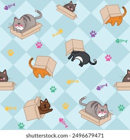 Pattern print of kittens playing inside cardboard boxes cute cats