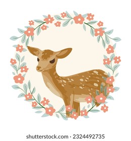 Pattern and print set with elegant deer with floral frame, greenery. Vector illustration
