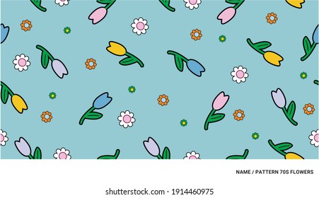 pattern print with tulips and simple 70s flowers on the blue background