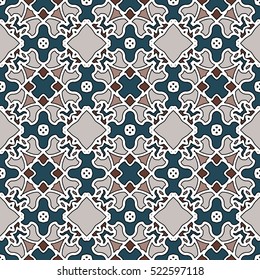 Pattern for print, web design, textile, identity, patchwork. Geometric texture. Vector endless ornaments with abstract shapes. Vintage mosaic with white edge.