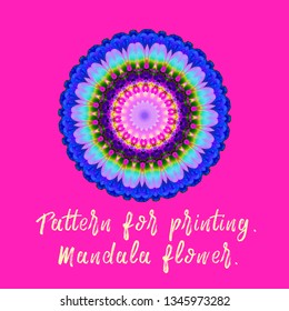 Pattern for printing on fabric, printing, mandala flower in pink and ultramarine colors.