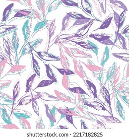 Pattern with prints of colored leaves on a white background. hand drawn boho spring seamless pattern. mixed media artwork.