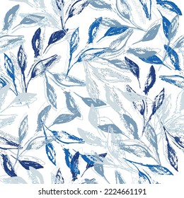 Pattern with prints of colored leaves on a white background. Seamless pattern with leaves and doodle elements.