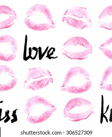 Pattern prints of female lips, lipstick, pink, tender and sensitive, isolated on white background, lettering, text, handwritten: love, kiss. Falling in love, wedding seamless