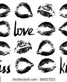 Pattern prints of female lips, lipstick, contrast black , tender and sensitive, isolated on white background, lettering, text, handwritten: love, kiss. Falling in love, wedding seamless