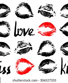 Pattern prints of female lips, lipstick, contrast black , tender and sensitive, isolated on white background, lettering, text, handwritten: love, kiss. Falling in love, wedding seamless