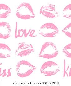 Pattern prints of female lips, lipstick, pink, tender and sensitive, isolated on white background, lettering, text, handwritten: love, kiss. Falling in love, wedding seamless