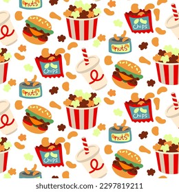 A pattern of products for watching movies. All elements of a fast food cinema for watching a movie. Popcorn, soda, nuts, chips, hamburger in cartoon style. Printing on textiles and paper. Packaging