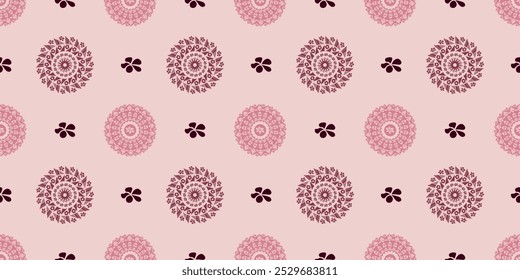 A pattern with prominent floral mandalas alternating with small floral elements. Pattern of mandalas on a colored background. Seamless pattern