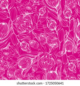 Pattern with protea flower. manual graphics. Stylish floral pattern with dried flowers, African protea flower. For wallpaper, textile, home decor, packaging. stock graphics. isolate
