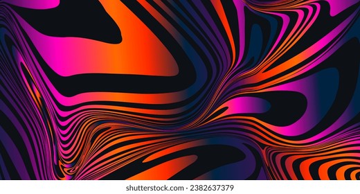 Pattern Psychedelic Bright in Orange, Pink Colors. Background Hypnotic Gradient Swirling Lines for Advertising, Web, Social Media, Poster, Banner, Cover. Modern Summer Vector Backdrop.