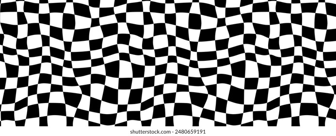 Pattern psychedelic checkerboard. Groovy retro wavy checkered texture. Psychedelic modern playful black and white background. Retro graphic y2k design. Twisted and distorted trendy vector illustration