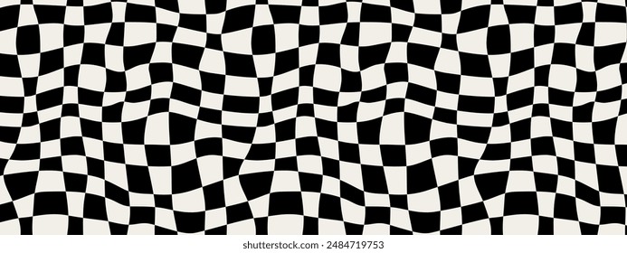 Pattern psychedelic checkerboard. Groovy retro wavy checkered texture. Psychedelic modern playful black and white background. Retro graphic y2k design. Twisted and distorted trendy vector illustration