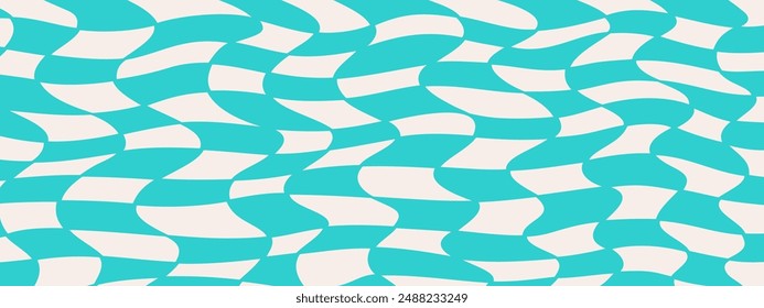 Pattern psychedelic checkerboard. Groovy retro wavy checkered texture. Psychedelic modern playful green and white background. Retro graphic y2k design. Twisted and distorted trendy vector illustration
