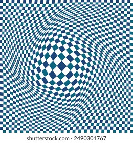 Pattern Psychedelic checkerboard. Groovy retro checkered texture. Psychedelic playful background. Blue and white tile pattern, chess, square. eps10