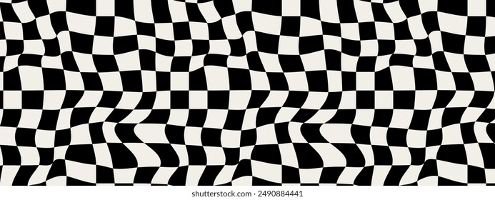 Pattern psychedelic checkerboard. Groovy retro wavy checkered texture. Psychedelic modern playful black and white background. Retro graphic y2k design. Twisted and distorted trendy vector illustration