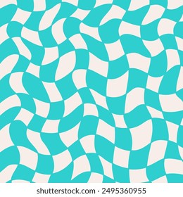 Pattern psychedelic checkerboard. Groovy retro wavy checkered texture. Psychedelic modern playful green and white background. Retro graphic y2k design. Twisted and distorted trendy vector illustration