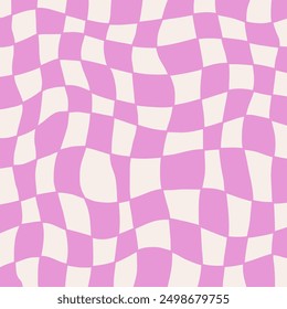 Patrón de tablero de ajedrez psicodélico. Groovy textura a cuadros ondulada retro. Psicodélico moderno lúdico lila y fondo blanco. Diseño gráfico y2k retro. Ilustración vectorial de moda retorcida y distorsionada