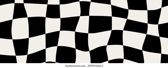 Pattern psychedelic checkerboard. Groovy retro wavy checkered texture. Psychedelic modern playful black and white background. Retro graphic y2k design. Twisted and distorted trendy vector illustration