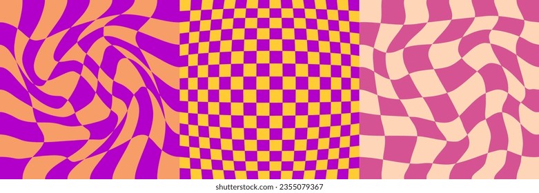 Pattern Psychedelic checkerboard set. Groovy retro checkered texture. Psychedelic playful background. Retro graphic y2k design. Vector illustration