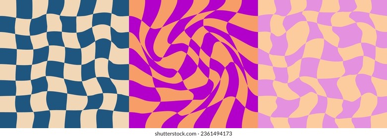 Pattern Psychedelic checkerboard set. Groovy retro checkered texture. Psychedelic playful background. Retro graphic y2k design. Vector illustration