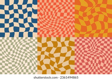 Pattern Psychedelic checkerboard set. Groovy retro checkered texture. Psychedelic playful background. Retro graphic y2k design. Vector illustration