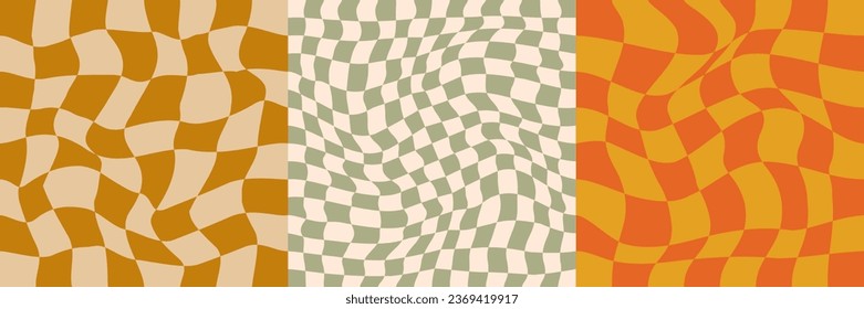 Pattern Psychedelic checkerboard set. Groovy retro checkered texture. Psychedelic playful background. Retro graphic y2k design. Vector illustration