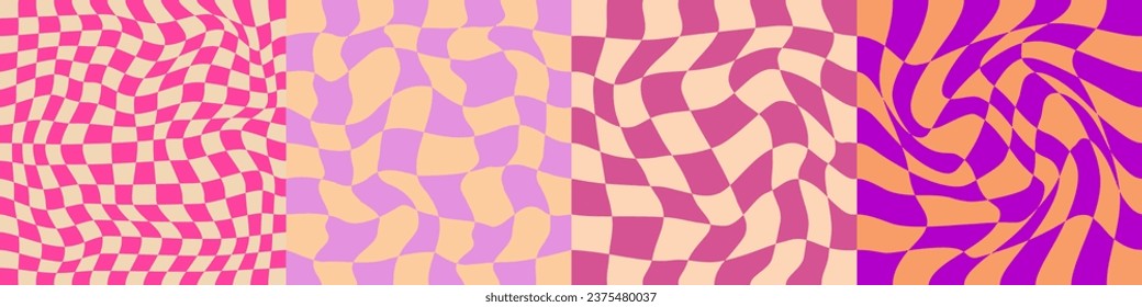 Pattern Psychedelic checkerboard set. Groovy retro checkered texture. Psychedelic playful background. Retro graphic y2k design. Vector illustration
