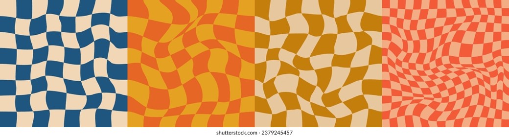 Pattern Psychedelic checkerboard set. Groovy retro checkered texture. Psychedelic playful background. Retro graphic y2k design. Vector illustration