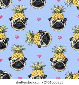 Pattern Pug dog in a gold Pineapple crown. Seamless background with the image of funny cartoon pug 