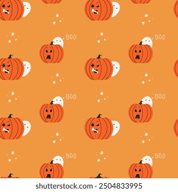 The pattern of a pumpkin crunching a bone. The ghost of what the pumpkin ate scares it. A Halloween pattern. The background is light orange