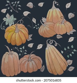 Vector de hojas de otoño dibujado en calabaza de patrón