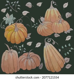 Vector de hojas de otoño dibujado en calabaza patrón similar