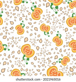 A pattern of pumpkin halves with seeds.For decorating fabrics and surfaces,for printing brochures, posters, parties, vintage textile design, postcards, wallpaper or packaging.